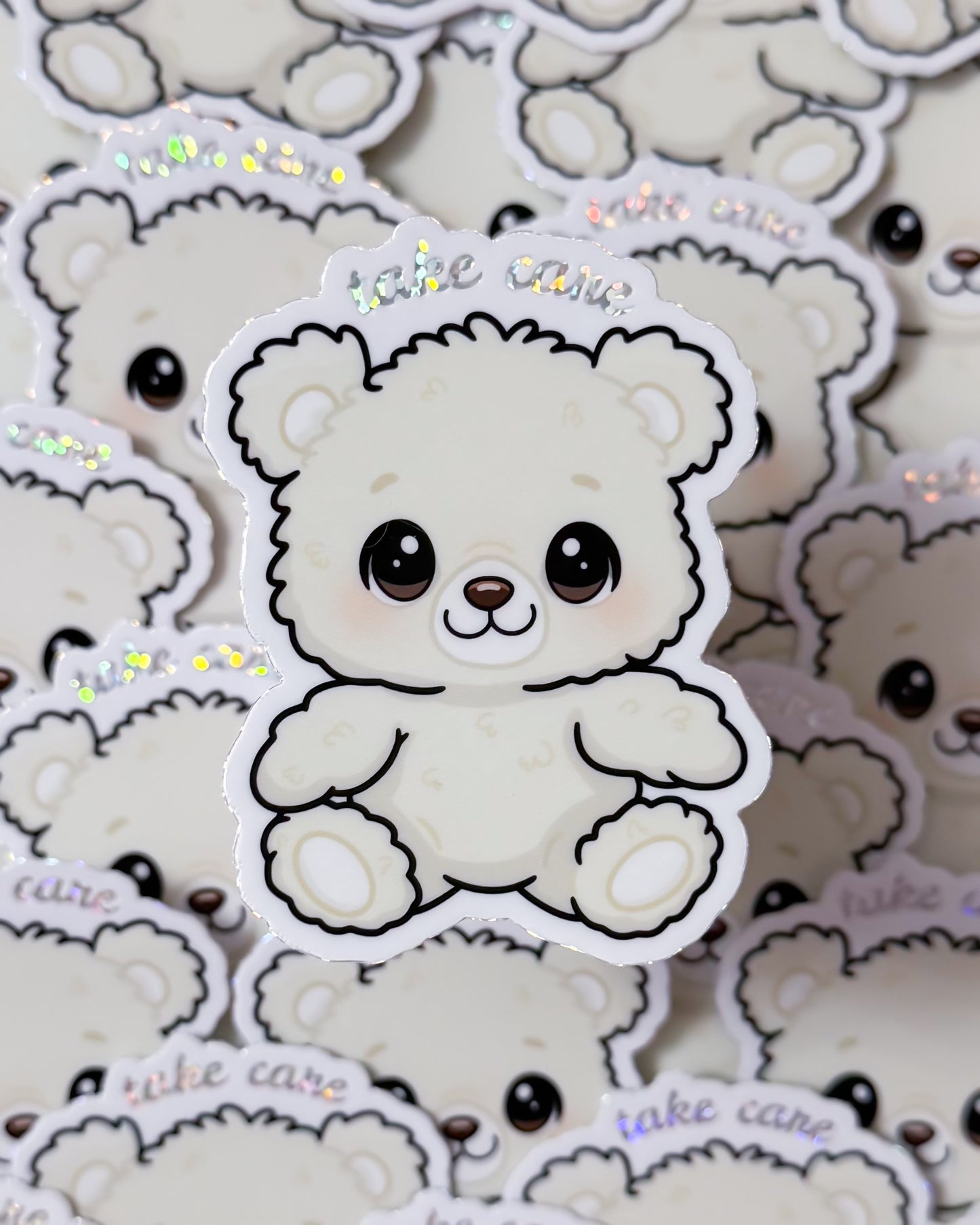 "TAKE CARE" WHITE BEAR DIE-CUT STICKER